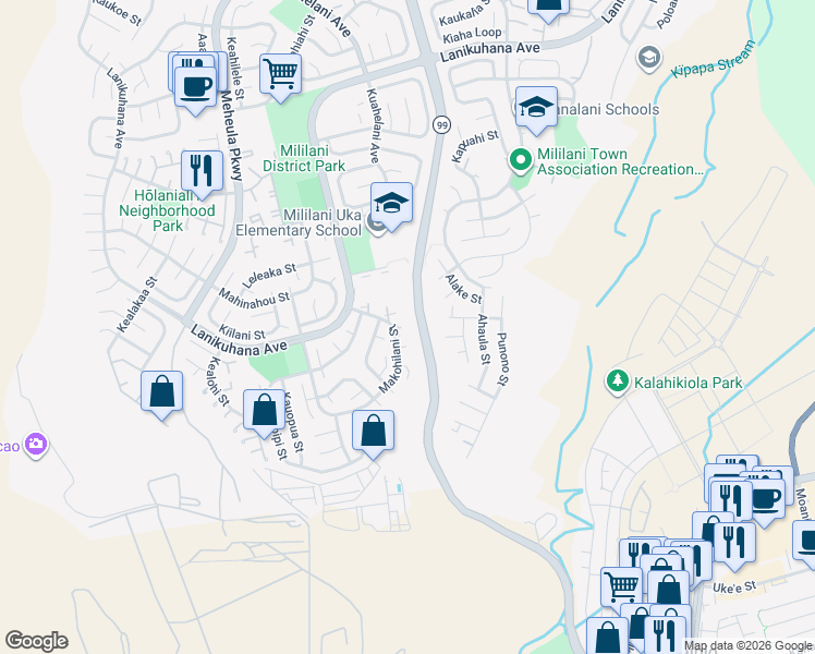 map of restaurants, bars, coffee shops, grocery stores, and more near 94-502 Oliona Place in Mililani