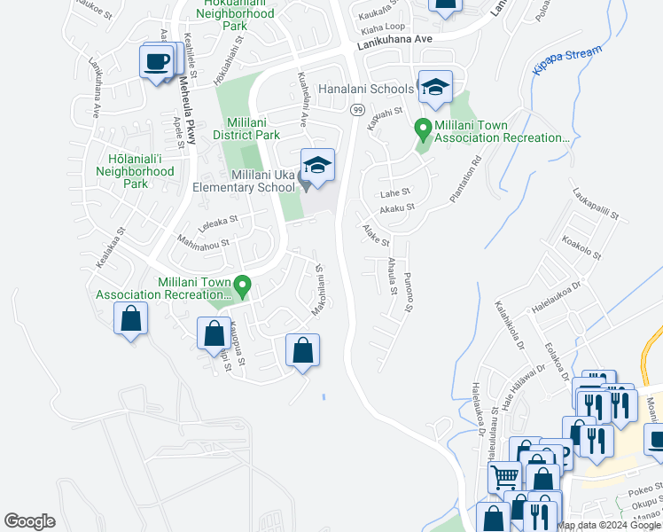 map of restaurants, bars, coffee shops, grocery stores, and more near 94-521 Makohilani Street in Mililani