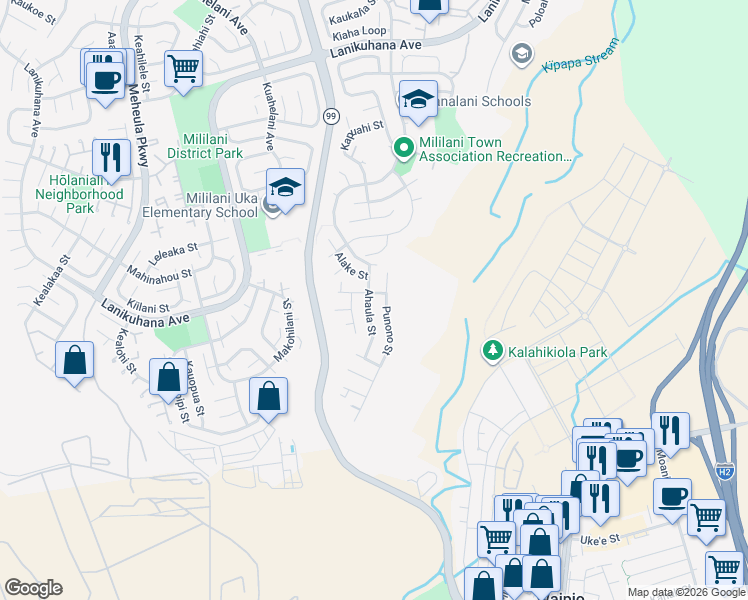map of restaurants, bars, coffee shops, grocery stores, and more near 94-502 Ahaula Street in Mililani