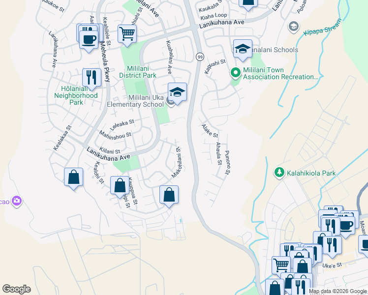 map of restaurants, bars, coffee shops, grocery stores, and more near 94-502 Oliona Place in Mililani