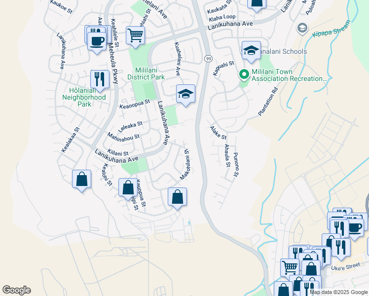 map of restaurants, bars, coffee shops, grocery stores, and more near Oliona Place in Mililani