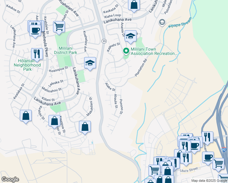map of restaurants, bars, coffee shops, grocery stores, and more near 94-153 Alake Street in Mililani