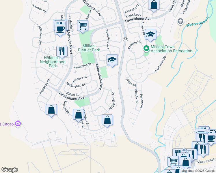 map of restaurants, bars, coffee shops, grocery stores, and more near 94-561 Makohilani Street in Mililani