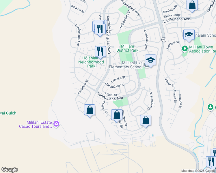map of restaurants, bars, coffee shops, grocery stores, and more near 94-409 Leleaka Place in Mililani