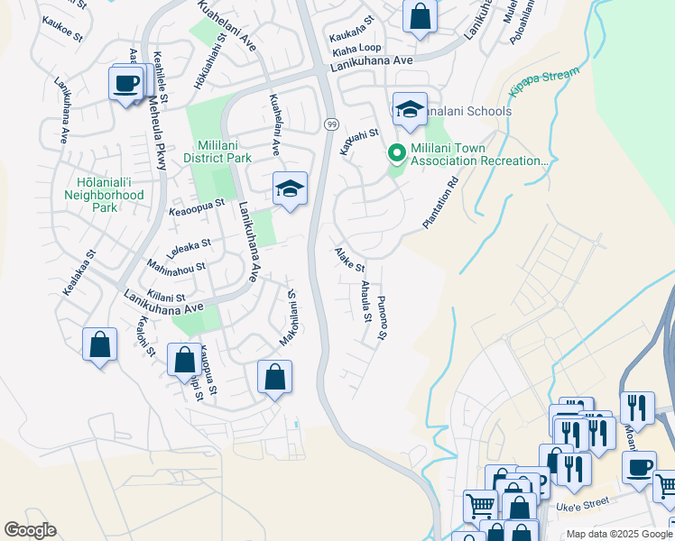 map of restaurants, bars, coffee shops, grocery stores, and more near 94-200 Alake Place in Mililani