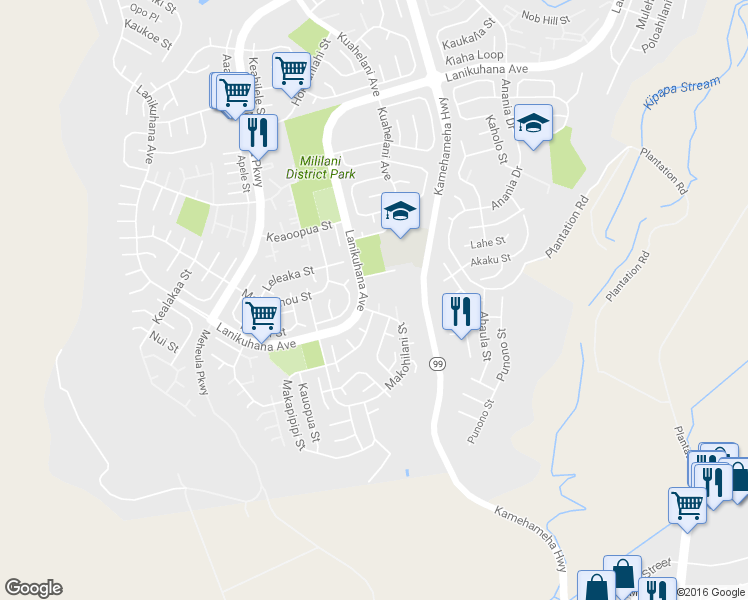 map of restaurants, bars, coffee shops, grocery stores, and more near 94-561 Makohilani Street in Mililani