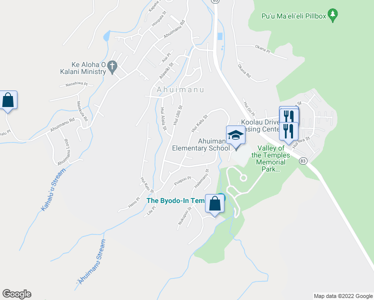 map of restaurants, bars, coffee shops, grocery stores, and more near Hui Kelu Street in Ahuimanu
