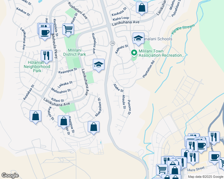 map of restaurants, bars, coffee shops, grocery stores, and more near 94-200 Alake Place in Mililani