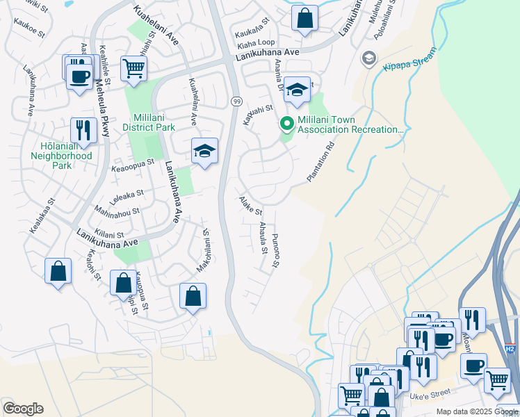 map of restaurants, bars, coffee shops, grocery stores, and more near 94-153 Alake Street in Mililani
