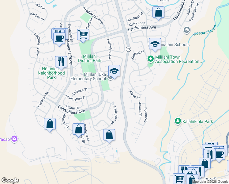map of restaurants, bars, coffee shops, grocery stores, and more near 94-380 Kuahelani Avenue in Mililani