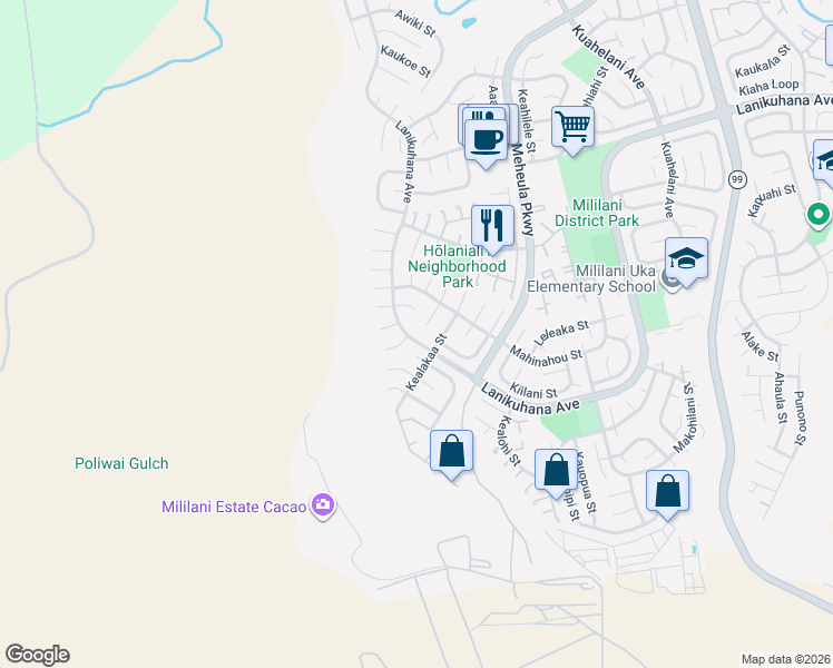map of restaurants, bars, coffee shops, grocery stores, and more near 94-347 Kioele Place in Mililani