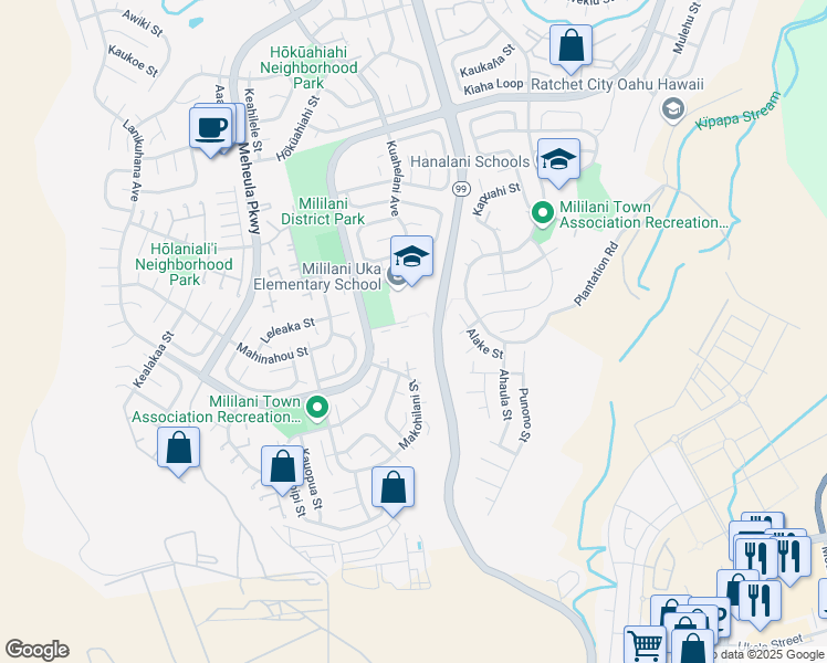 map of restaurants, bars, coffee shops, grocery stores, and more near 94-380 Kuahelani Avenue in Mililani