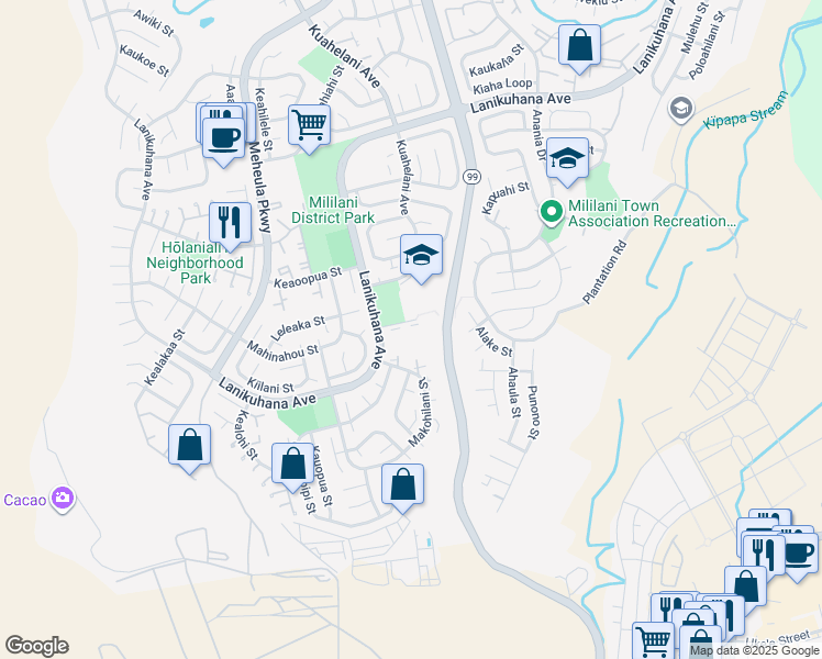 map of restaurants, bars, coffee shops, grocery stores, and more near 94-413 Lanikūhana Place in Mililani
