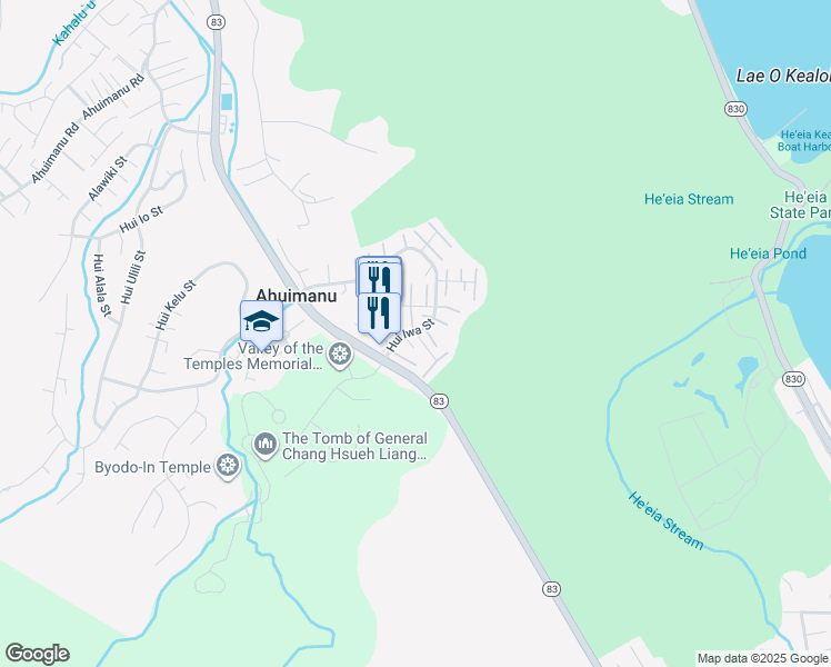 map of restaurants, bars, coffee shops, grocery stores, and more near 47-262 Hui Iwa Street in Kaneohe