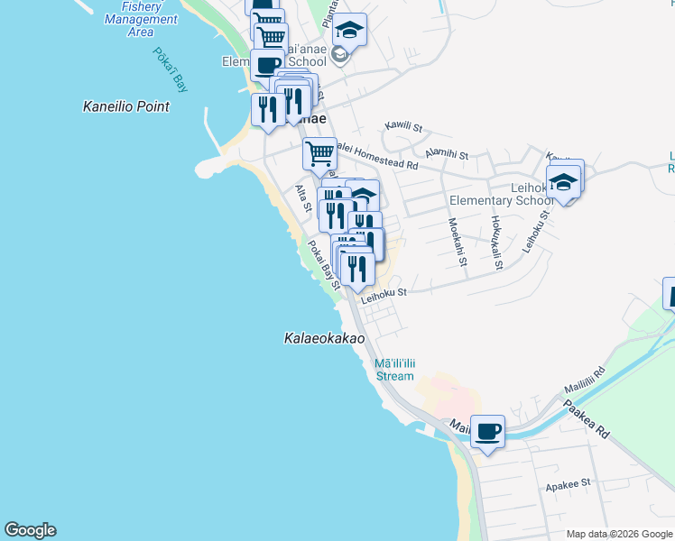 map of restaurants, bars, coffee shops, grocery stores, and more near in Waianae