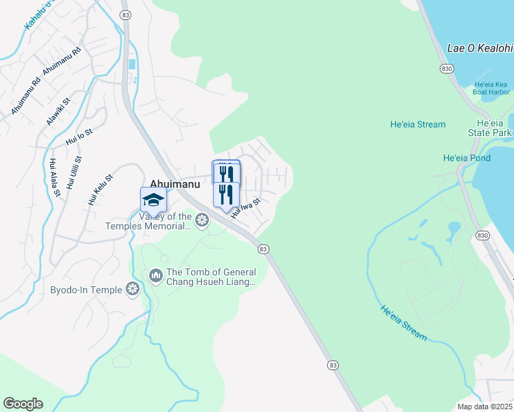 map of restaurants, bars, coffee shops, grocery stores, and more near 283 Hui Iwa Street in Kaneohe