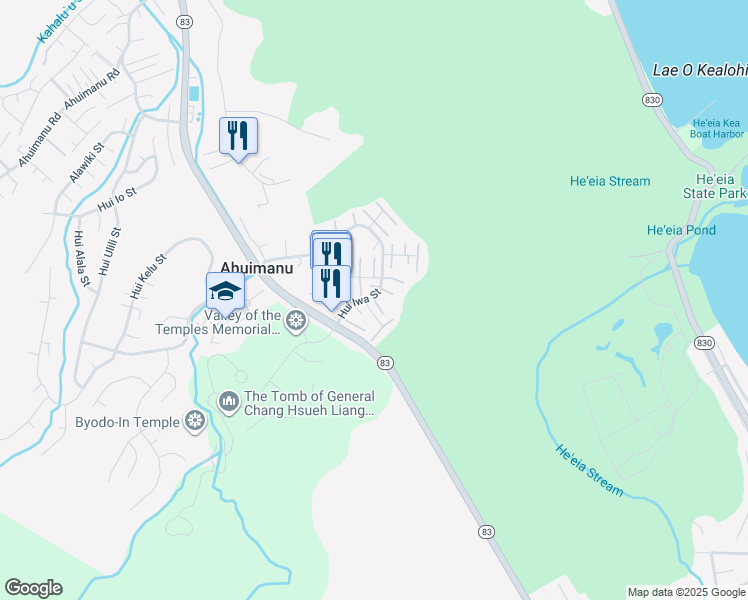 map of restaurants, bars, coffee shops, grocery stores, and more near 283 Hui Iwa Street in Kaneohe