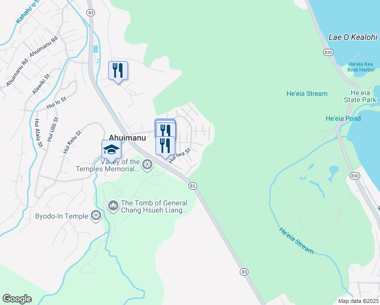 map of restaurants, bars, coffee shops, grocery stores, and more near 283 Hui Iwa Street in Kaneohe
