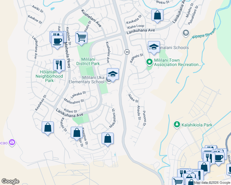 map of restaurants, bars, coffee shops, grocery stores, and more near 94-380 Kuahelani Avenue in Mililani