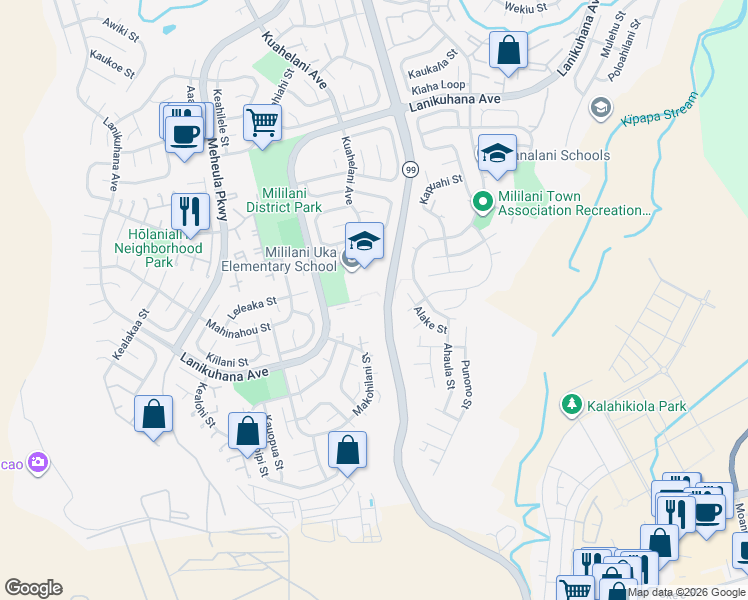 map of restaurants, bars, coffee shops, grocery stores, and more near 94-380 Kuahelani Avenue in Mililani
