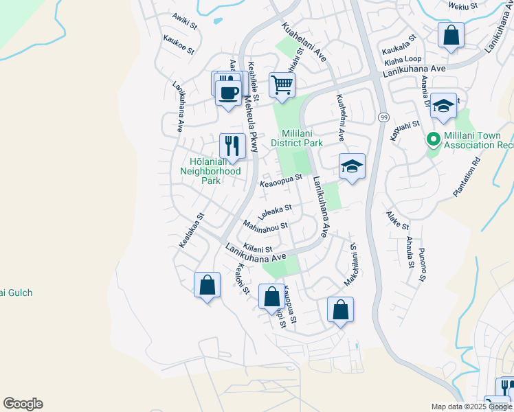 map of restaurants, bars, coffee shops, grocery stores, and more near 94-390 Kiilani Street in Mililani