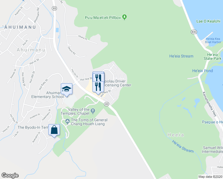map of restaurants, bars, coffee shops, grocery stores, and more near 47-281 Hui Iwa Street in Kaneohe