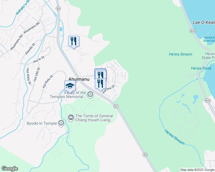 map of restaurants, bars, coffee shops, grocery stores, and more near 47-262 Hui Iwa Street in Kaneohe