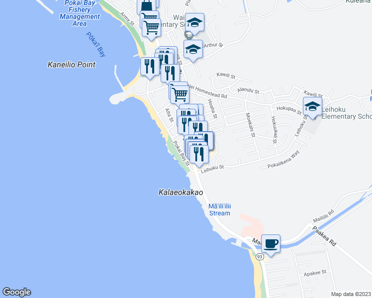 map of restaurants, bars, coffee shops, grocery stores, and more near 86-93 Farrington Highway in Waianae