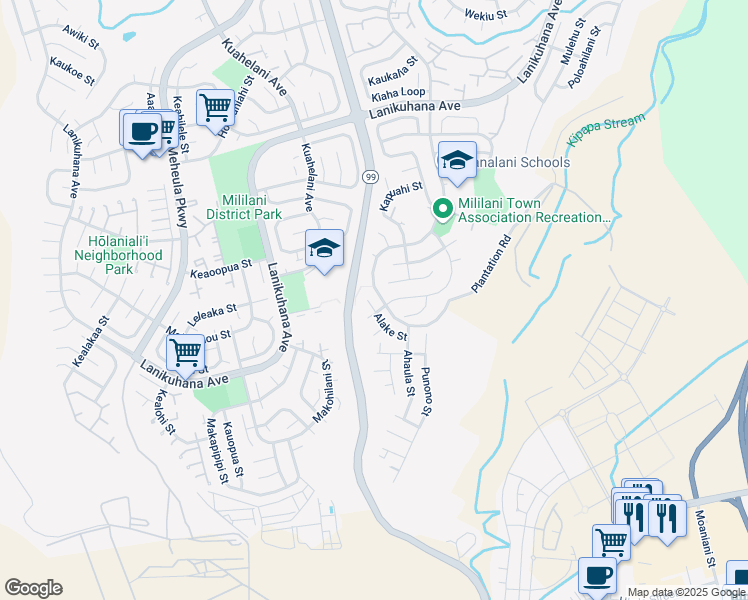 map of restaurants, bars, coffee shops, grocery stores, and more near 94-106 Alake Street in Mililani
