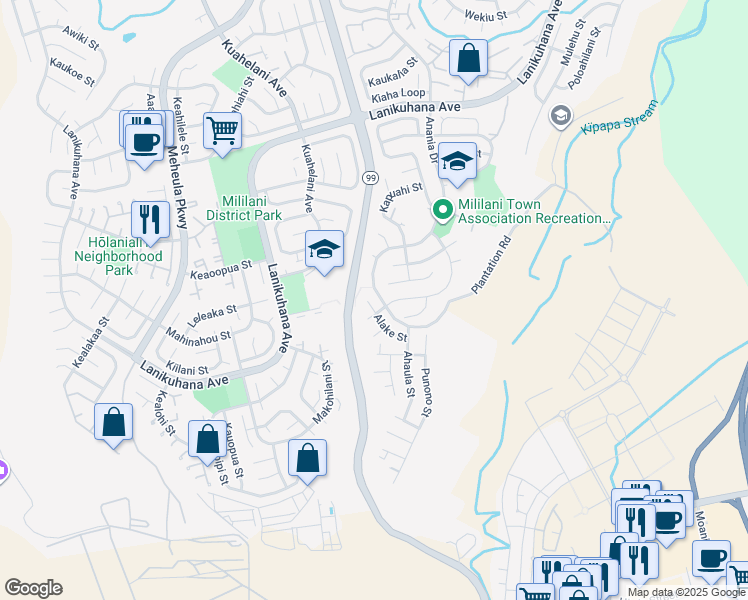 map of restaurants, bars, coffee shops, grocery stores, and more near 94-106 Alake Street in Mililani