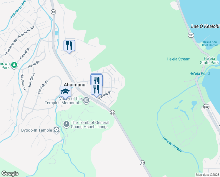 map of restaurants, bars, coffee shops, grocery stores, and more near 283 Hui Iwa Street in Kaneohe