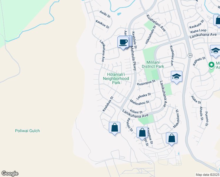 map of restaurants, bars, coffee shops, grocery stores, and more near 94-347 Kioele Place in Mililani