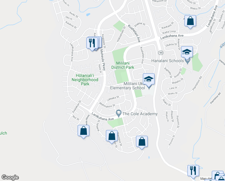 map of restaurants, bars, coffee shops, grocery stores, and more near 94-390 Kiilani Street in Mililani