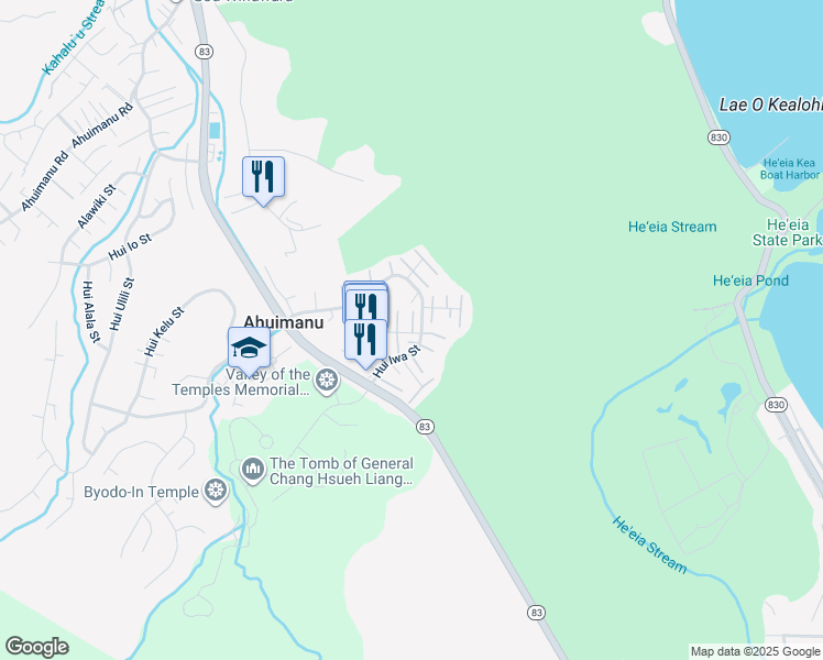 map of restaurants, bars, coffee shops, grocery stores, and more near 283 Hui Iwa Street in Kaneohe