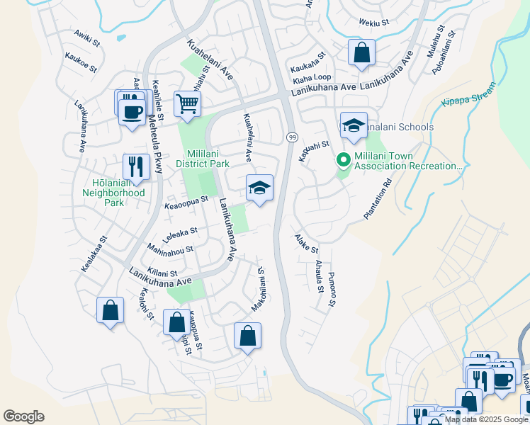 map of restaurants, bars, coffee shops, grocery stores, and more near 94-380 Kuahelani Avenue in Mililani