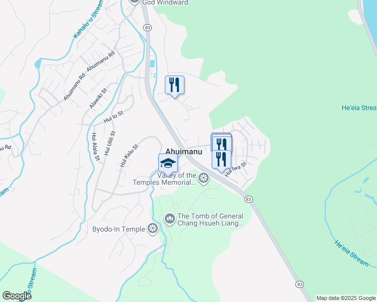 map of restaurants, bars, coffee shops, grocery stores, and more near 47407 Hui Iwa Street in Kaneohe