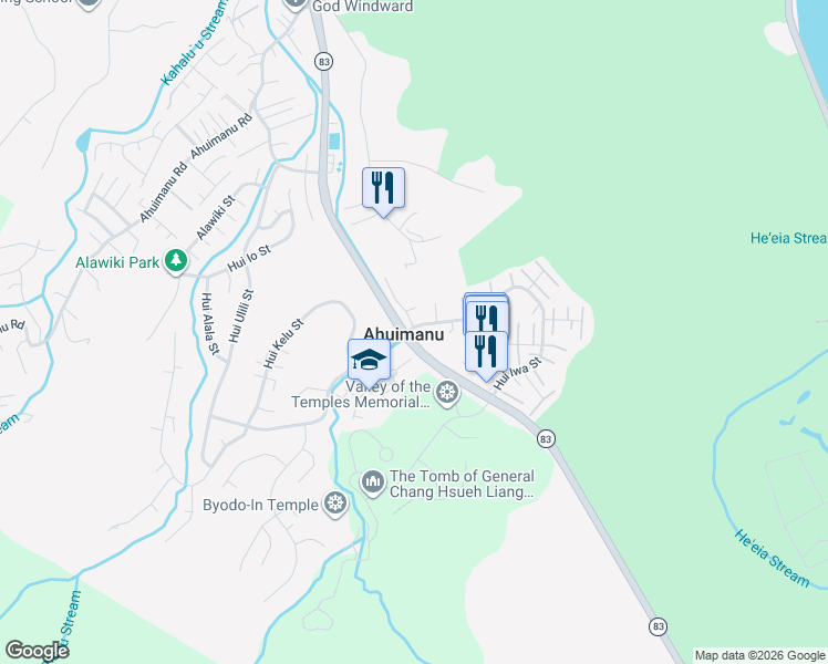map of restaurants, bars, coffee shops, grocery stores, and more near 47-420 Hui Iwa Street in Kaneohe
