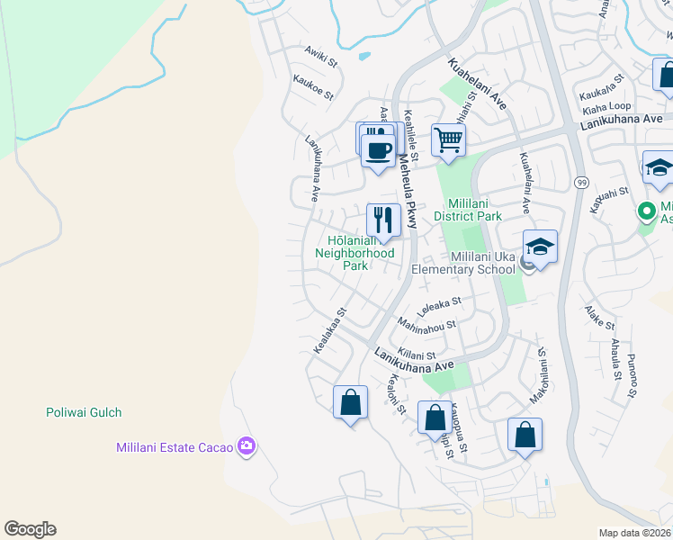 map of restaurants, bars, coffee shops, grocery stores, and more near 94-309 Maiaohe Place in Mililani