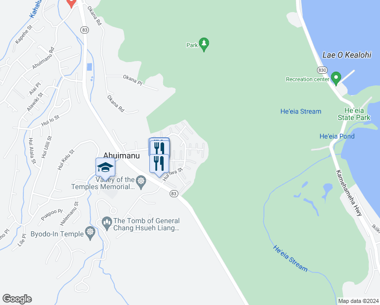 map of restaurants, bars, coffee shops, grocery stores, and more near 47-25 Hui Iwa Place in Kaneohe