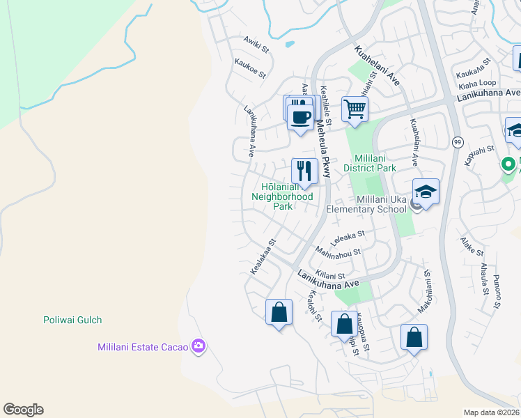 map of restaurants, bars, coffee shops, grocery stores, and more near 94-309 Maiaohe Place in Mililani