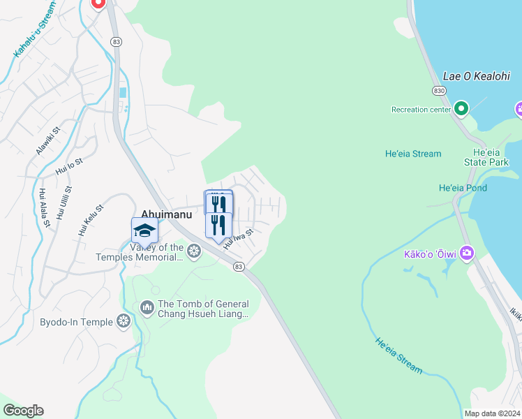 map of restaurants, bars, coffee shops, grocery stores, and more near 47-172 Hui Akepa Place in Kaneohe