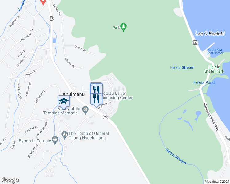 map of restaurants, bars, coffee shops, grocery stores, and more near 47-28 Hui Iwa Place in Kaneohe