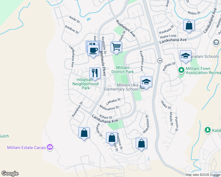 map of restaurants, bars, coffee shops, grocery stores, and more near 94-420 Keaoopua Street in Mililani