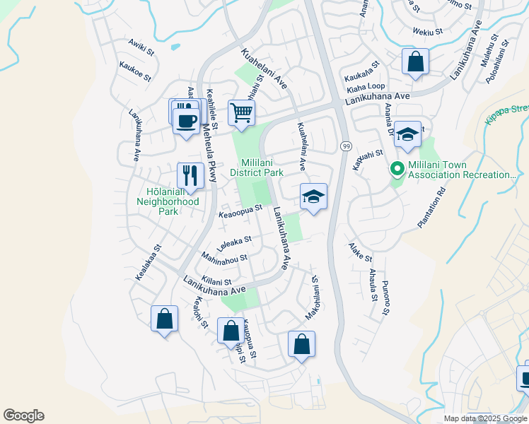 map of restaurants, bars, coffee shops, grocery stores, and more near 94-300 Keaoopua Place in Mililani