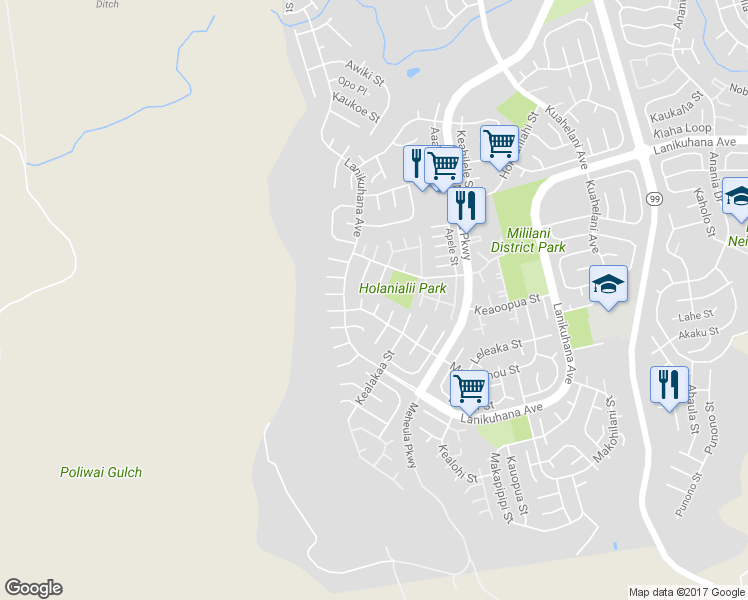 map of restaurants, bars, coffee shops, grocery stores, and more near 94-309 Maiaohe Place in Mililani
