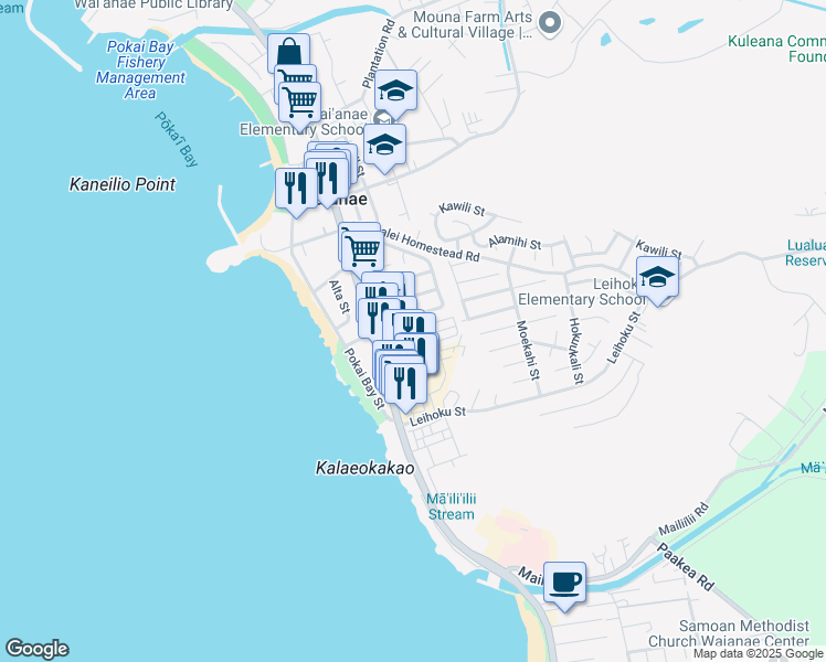 map of restaurants, bars, coffee shops, grocery stores, and more near 86082 Farrington Highway in Waianae
