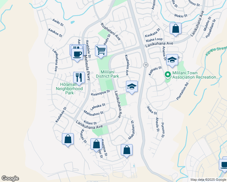 map of restaurants, bars, coffee shops, grocery stores, and more near 94-300 Keaoopua Place in Mililani