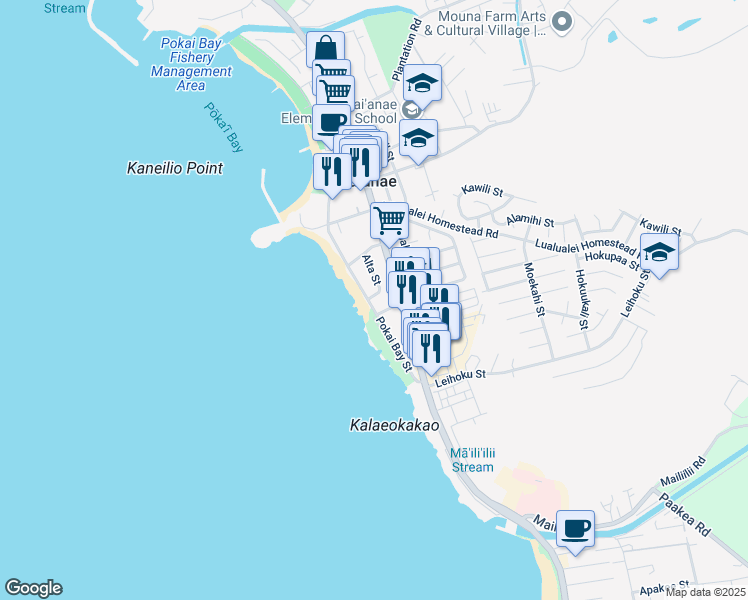 map of restaurants, bars, coffee shops, grocery stores, and more near 86-66 Alta Street in Waianae