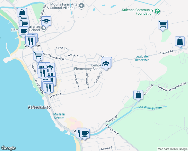 map of restaurants, bars, coffee shops, grocery stores, and more near 86-301 Hokuukali Place in Waianae