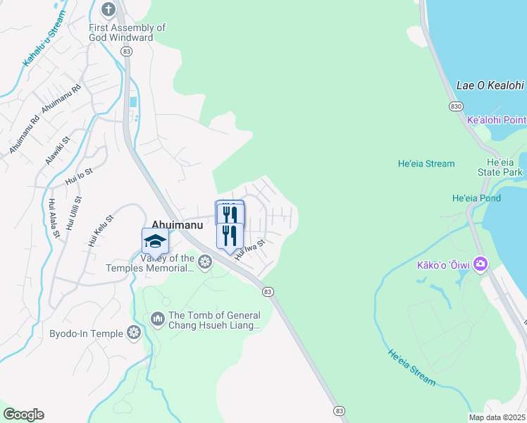 map of restaurants, bars, coffee shops, grocery stores, and more near 47-316 Hui Iwa Street in Kaneohe